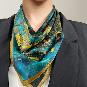 Pañuelo pequeño de seda azul y dorado, &quot;Mosaic&quot;, pañuelo de seda