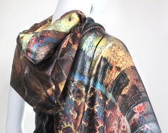 Festival Scarves, Trippy Reversible sided Poly-Satin Scarf , "Fractal Patchwork" Psychedelic Scarves for Men, Sacred Geometry