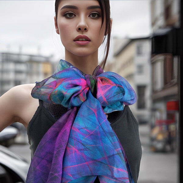 Ombre multicolor light silk scarf, unique gift for woman, Art scarf, silk chiffon shawl, fuschia purple, Summer Scarf for Woman,
