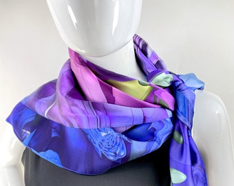 Purple Silk Scarf Square, Womens Violet 36" Square Scarf Silk, Gifts for women, Thank You Gift, 3D Fractal Design