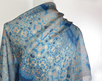 Large Blue Silk Scarf, Scarves for Women, Teal Green, Blue, Peach, Long Shawl. Appreciation Gift for woman, "Orient", Meditation shawl