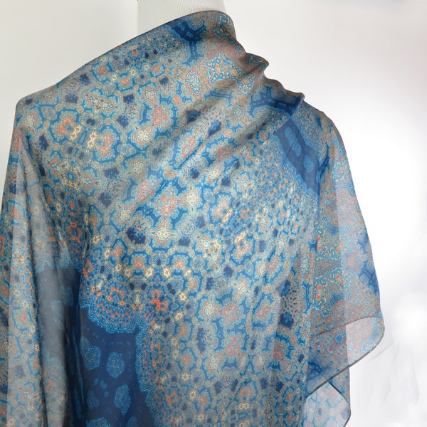 Large Blue Silk Scarf, Scarves for Women, Teal Green, Blue, Peach, Long Shawl. Appreciation Gift for woman, "Orient", Meditation shawl