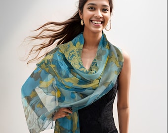 Light Silk Shawl for women in Blue and Yellow, sheer chiffon wrap, thank you gift