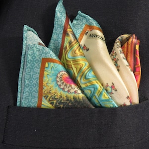 Mens Gifts, Silk Pocket Square in Ivory, Peach, Turquoise handkerchief,  "Carnival Gold" science present, fathers day gift for husband
