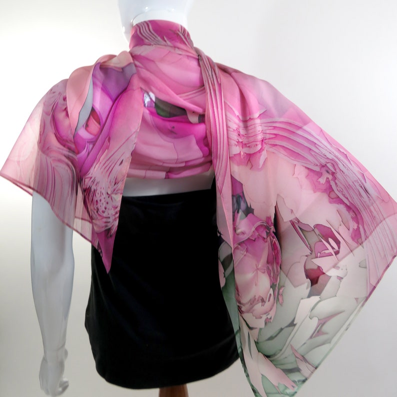 Summer Shawl for women in three colors on Silk Chiffon. Evening Wrap, Wedding Shawl, Birthday or thank you gift Pink/Green