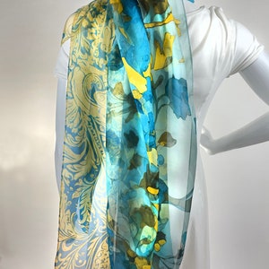 Light Silk Shawl for women in Blue and Yellow, sheer chiffon wrap, thank you gift image 5