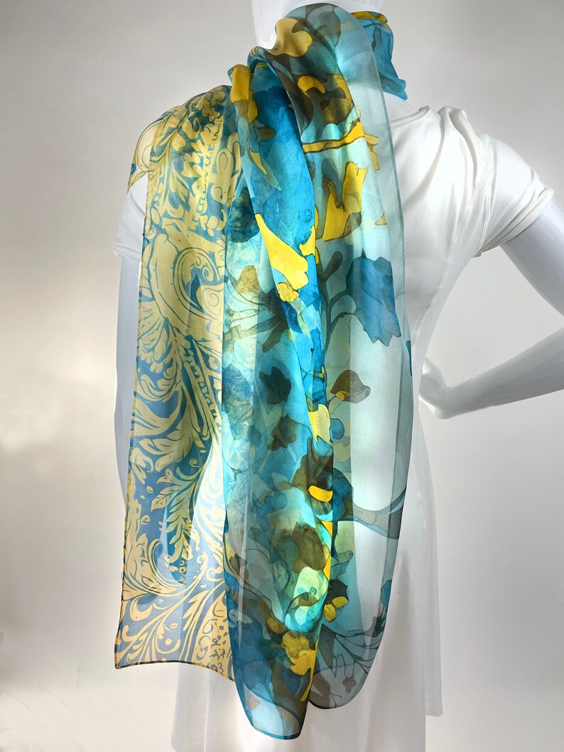 Light Silk Shawl for women in Blue and Yellow, sheer chiffon wrap, thank you gift image 5