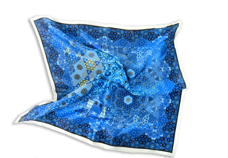 Small Blue Scarf, Galileo Silk Geometric Fractal Scarf 16 Square neckerchief for woman, gifts for her, purse scarf, wrist scarf image 6