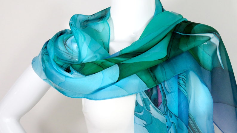 Sheer Blue Silk Scarf, Scarves for women, lightweight shawl, Blue Green silk shawl, unique gift, water, ocean LSC228 image 7