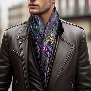 May include: A man wearing a brown leather jacket with a colourful patterned scarf around his neck.