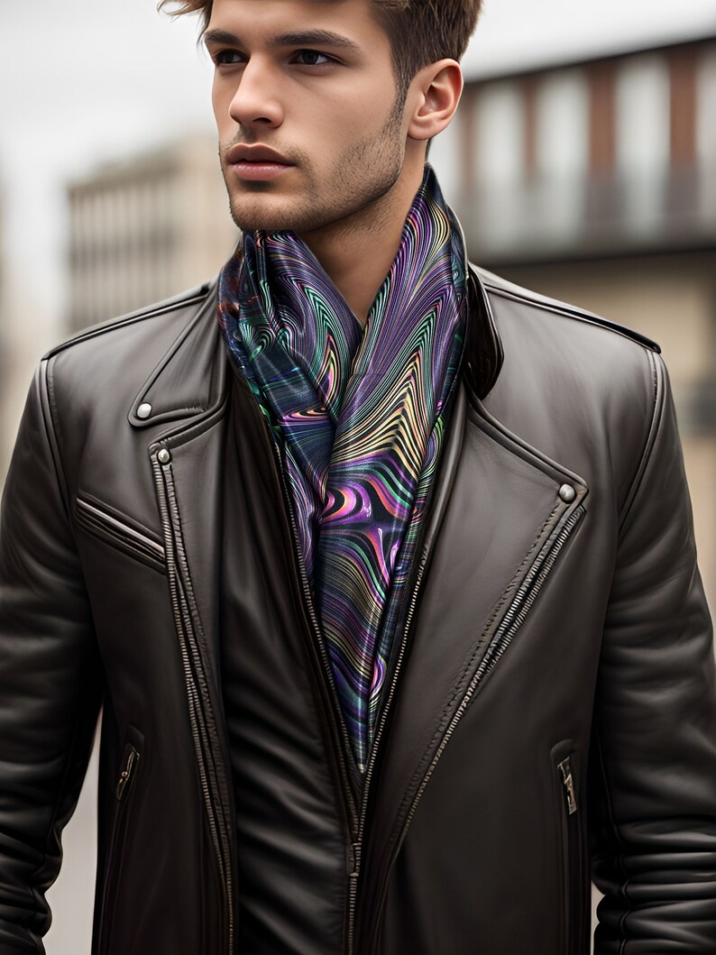 May include: A man wearing a brown leather jacket with a colourful patterned scarf around his neck.