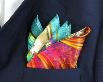 Mens Gifts, Silk Pocket Square in Gold, Ivory, Peach, Aqua, silk handkerchief,  &quot;Carnival Gold&quot; gift for man, turquoise, stocking stuffer
