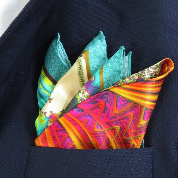 Mens Gifts, Silk Pocket Square in Gold, Ivory, Peach, Aqua, silk handkerchief,  "Carnival Gold" gift for man, turquoise, stocking stuffer