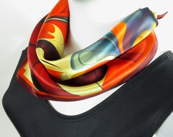 Silk Neckerchief, "Calypso", Small Bright Colored Scarf, Stocking stuffer for women, wrist scarf, purse scarf, teacher gift