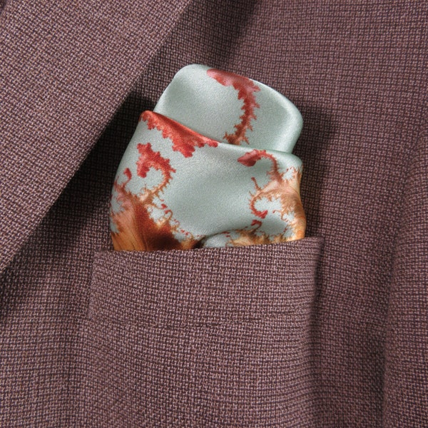 Mens Gifts, Silk Pocket Square in pale green, peach and gold, silk handkerchief,  gift for man