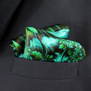 Emerald Green Pocket Square in pure silk, &quot;Reaction&quot; silk handkerchief,  gift for husband, neckerchief