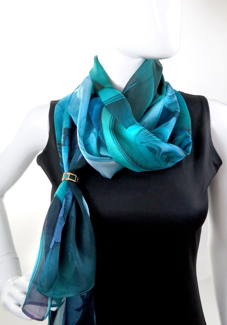 Sheer Blue Silk Scarf, Scarves for women, lightweight shawl, Blue Green silk shawl, unique gift, water, ocean LSC228 image 8