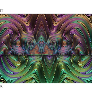May include: Abstract art print featuring swirling patterns in shades of green, purple and gold. The print is symmetrical and has a psychedelic feel.