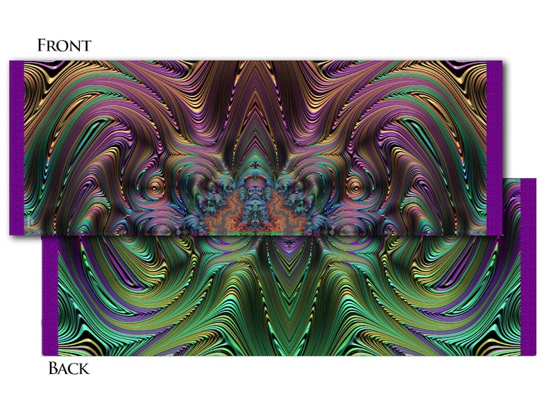 May include: Abstract art print featuring swirling patterns in shades of green, purple and gold. The print is symmetrical and has a psychedelic feel.