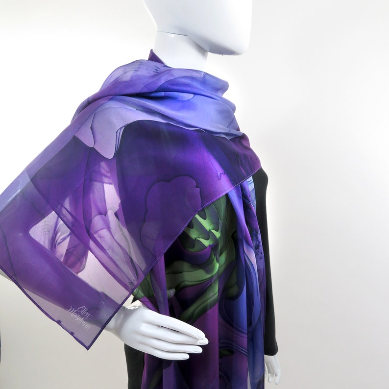 Summer Shawl for women in three colors on Silk Chiffon. Evening Wrap, Wedding Shawl, Birthday or thank you gift Purple/Green