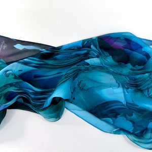 Sheer Blue-Green Silk Scarf, Scarves for women, lightweight Oceanic Blue silk shawl image 3