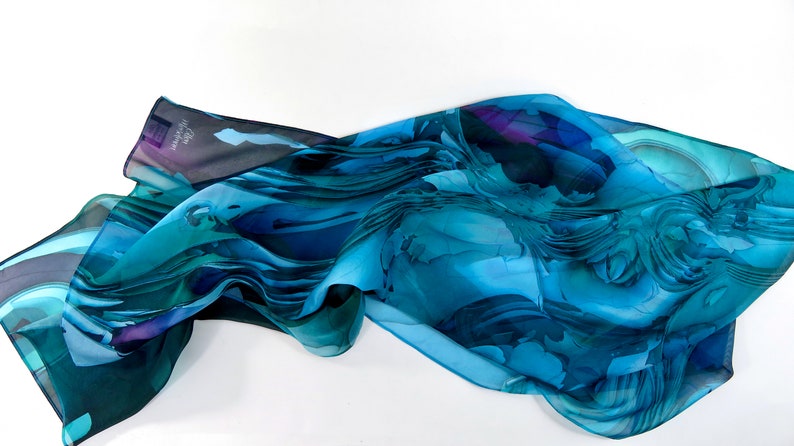 Sheer Blue-Green Silk Scarf, Scarves for women, lightweight Oceanic Blue silk shawl image 3