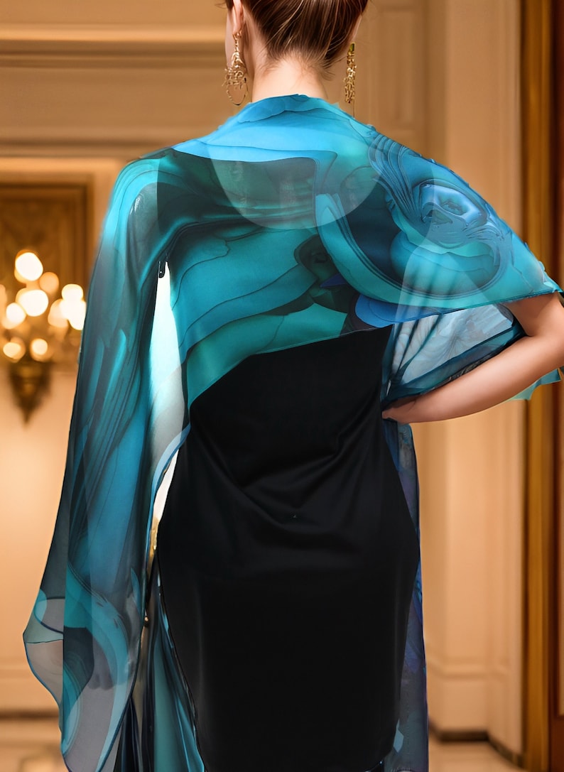 Blue-green pure silk chiffon scarf "Oceanic Blue" | Scarves by Ellen