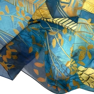 Sheer silk chiffon shawl, deep blue, yellow and gold large shawl, Gift for Woman, Botanique image 9