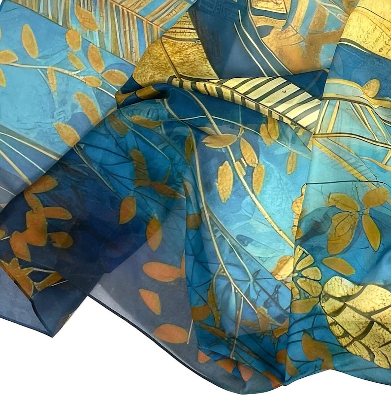 Sheer silk chiffon shawl, deep blue, yellow and gold large shawl, Gift for Woman, Botanique image 9