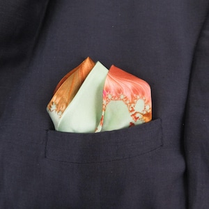 Pale Green Silk Pocket Square in pale green, peach and gold, silk handkerchief,  "Tidepool" gift for man, stocking stuffer