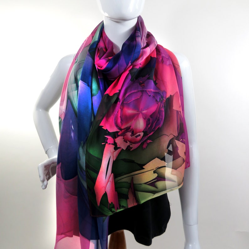 Silk Chiffon Shawl for women in three colors. Wide Silk Scarf 70 x 30 Evening Wrap, retirement gift, thank you gift, Oceanic Wave image 4