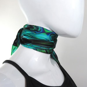 Small Green Silk Scarf, &quot;Reaction&quot;, Fractal design, 16&quot; Square Neckerchief, gifts for her, hand-rolled hem, wrist scarf