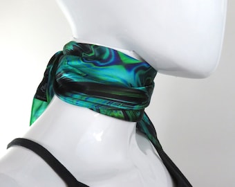 Small Green Silk Scarf, "Reaction", Fractal design, 16" Square Neckerchief, gifts for her, hand-rolled hem, wrist scarf
