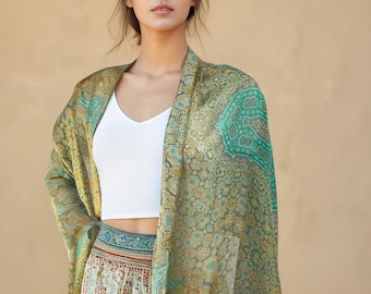 Xale de meditação de seda, xale longo de seda, presentes exclusivos para mulheres, cachecol de seda verde-sálvia, belo presente de agradecimento, &quot;Oriente&quot;, Natal