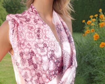 Pink Silk Chiffon Scarf: Fractal Design Shawl, Elegant Gift Box