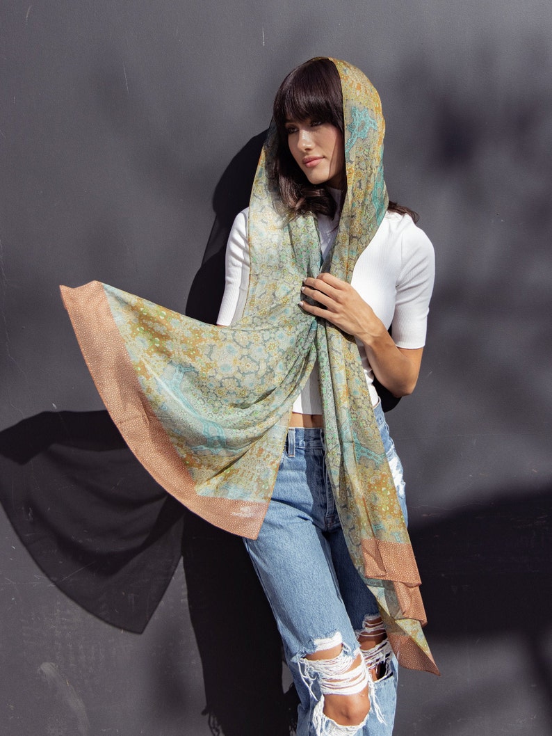 Silk Meditation Shawl, Long Silk Scarf Shawl, Unique Gifts for Women, Sage Green Silk wrap scarf, thank you gifts, Orient image 7
