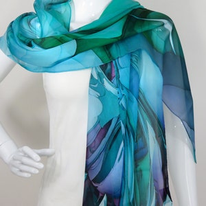 Sheer Blue Silk Scarf, Scarves for women, lightweight shawl, Blue Green silk shawl, unique gift, water, ocean LSC228 image 3