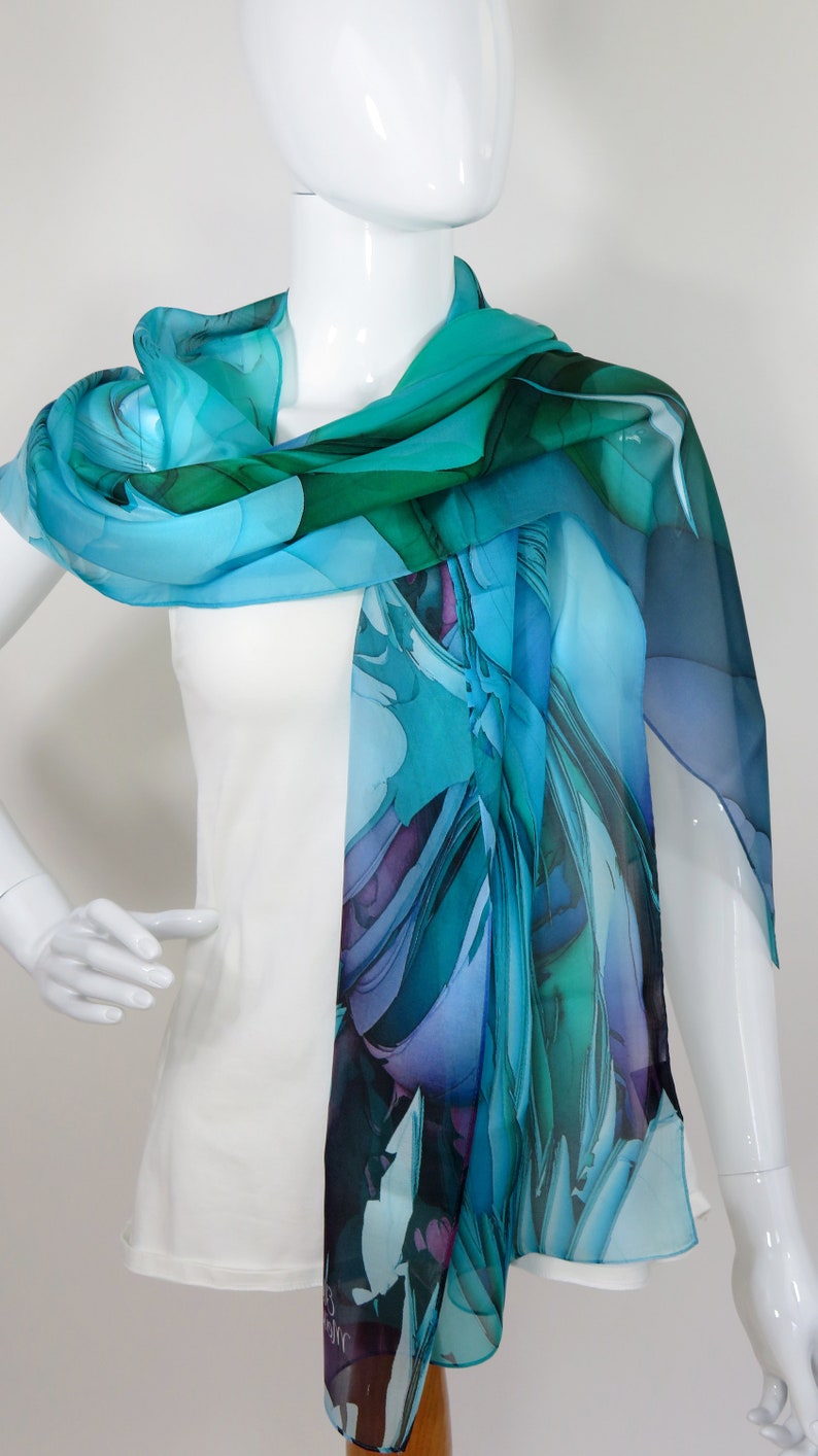Sheer Blue Silk Scarf, Scarves for women, lightweight shawl, Blue Green silk shawl, unique gift, water, ocean LSC228 image 3