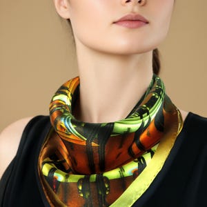 Small Silk Scarf, &quot;The Architecture of the Krell&quot;, 3D Fractal&quot; Square Neckerchief, gifts for her, wrist scarf