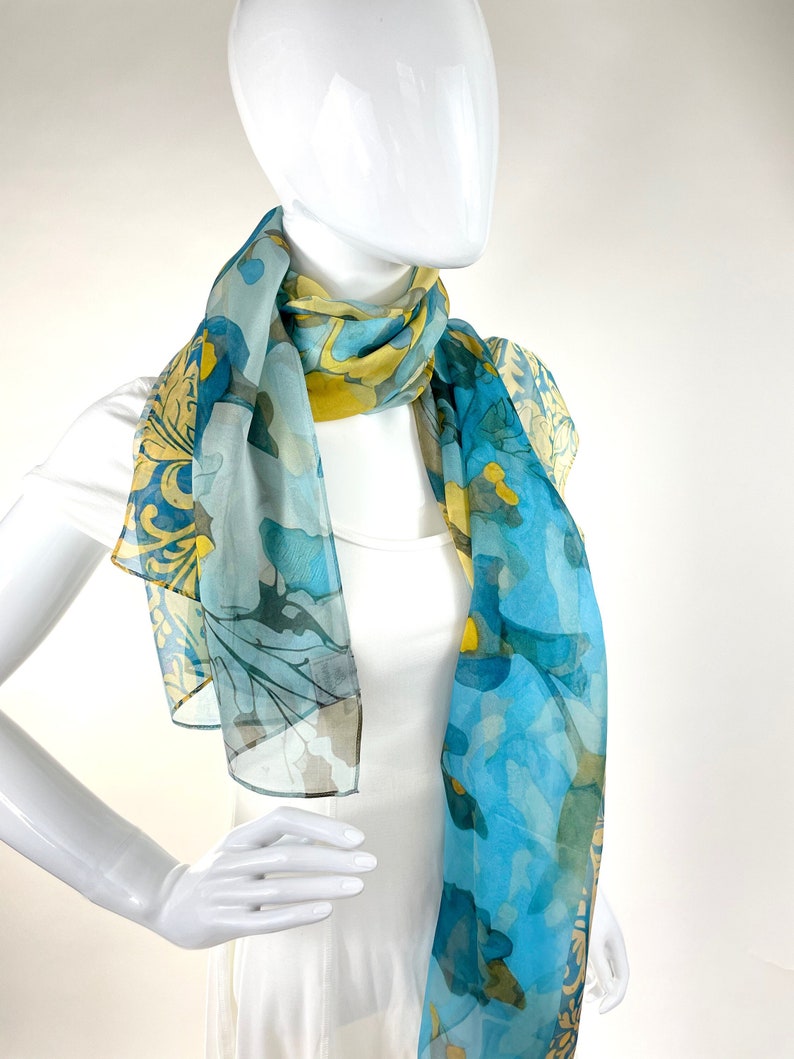 Light Silk Shawl for women in Blue and Yellow, sheer chiffon wrap, thank you gift image 9