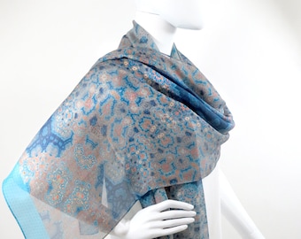 Long Silk Scarf Shawl, Scarves for Women, Teal Green, Blue, Peach, Unique scarves. Christmas Gift for woman, "Orient", Meditation shawl