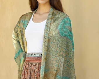 Sage Green Silk Chiffon Scarf Shawl: Fractal Design Wrap