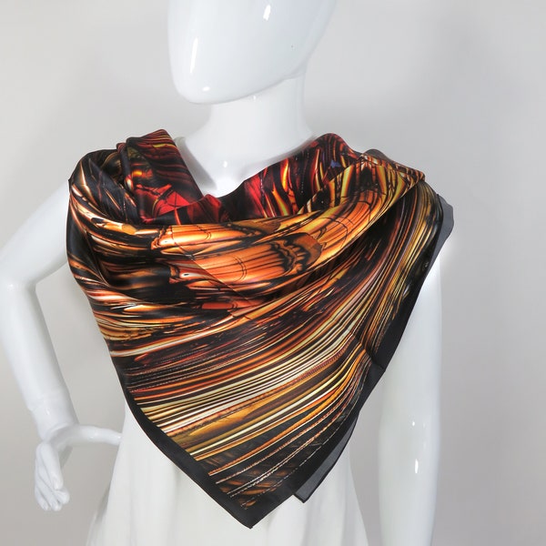 Red and Gold Silk Satin Scarf for Women,  36" Square Abstract Ruby Jewel Head Scarf, Art to Wear, tapestry