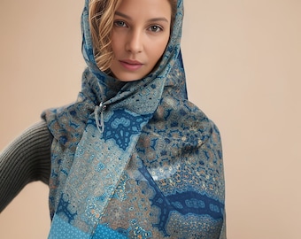 Grande cachecol de seda azul, cachecóis para mulheres, verde-azulado, azul, pêssego, xale longo. Presente de agradecimento para mulheres, &quot;Oriente&quot;, xale de meditação.