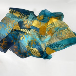 Sheer silk chiffon shawl, deep blue, yellow and gold large shawl, Gift for Woman, Botanique image 7