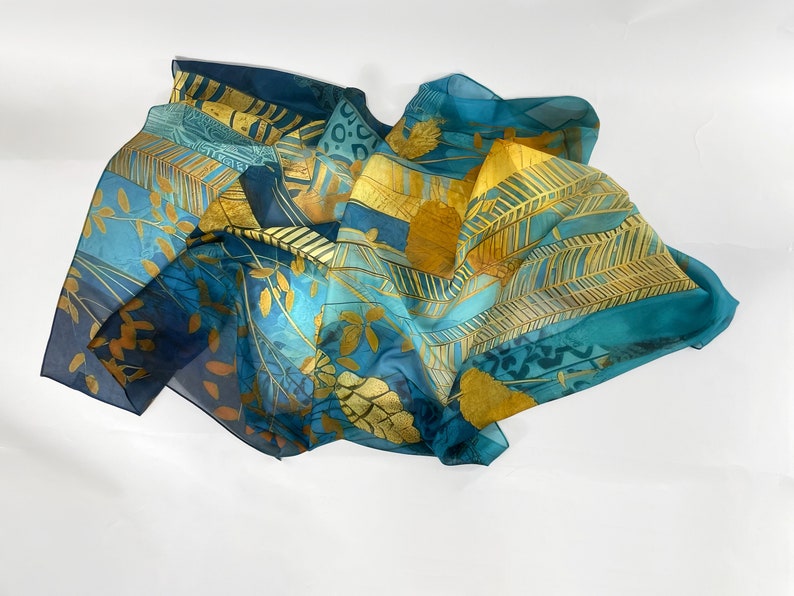 Sheer silk chiffon shawl, deep blue, yellow and gold large shawl, Gift for Woman, Botanique image 7