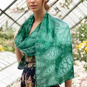 Long Silk Scarf Shawl, Scarves for Women, Unique scarves. Appreciation Gift for woman, Wings of Inspiration, Green Meditation shawl image 3