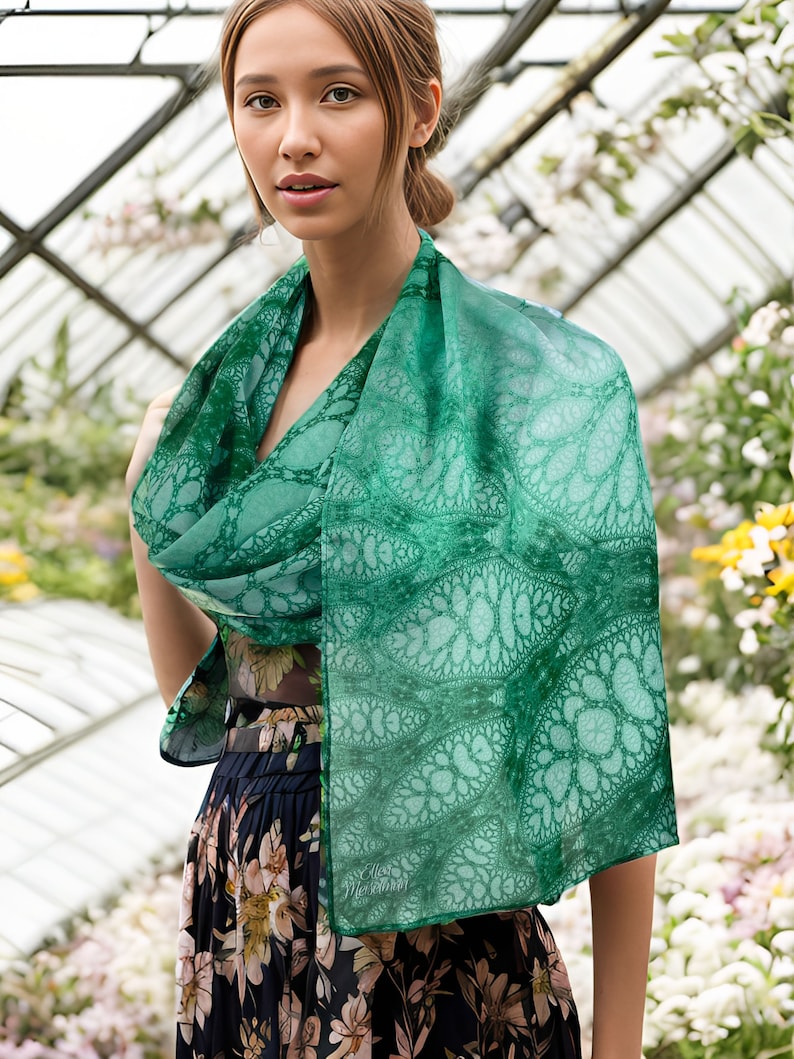 Long Silk Scarf Shawl, Scarves for Women, Unique scarves. Appreciation Gift for woman, Wings of Inspiration, Green Meditation shawl image 3