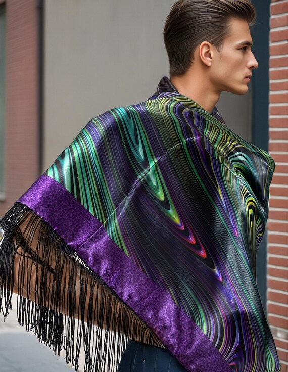 Psychedelic Festival Scarf: Reversible Poly-Satin Wrap with Fringe