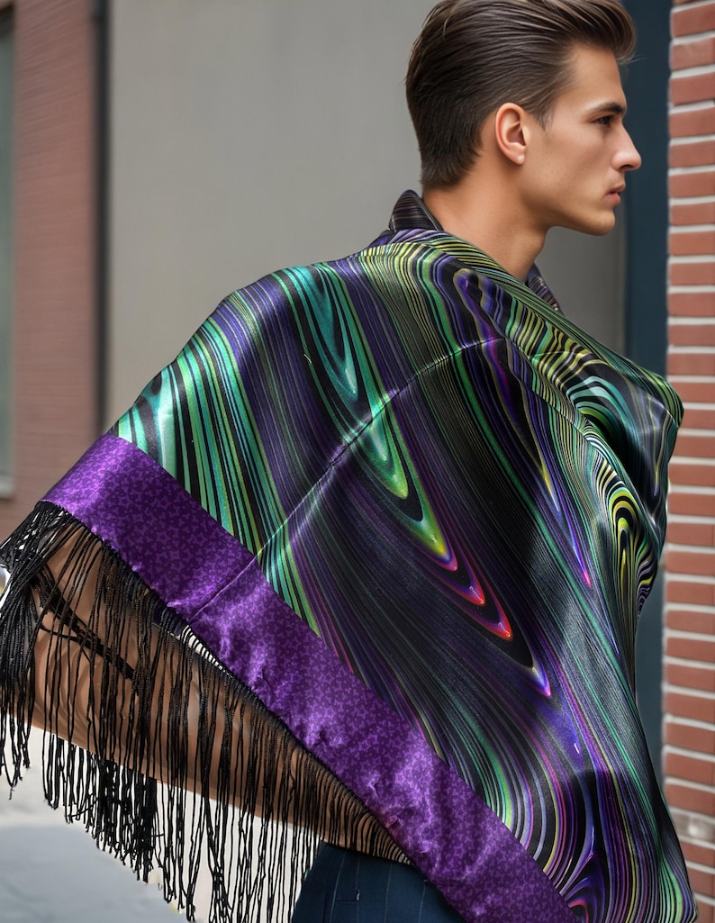 Psychedelic Festival Scarf: Reversible Poly-Satin Wrap with Fringe image 1
